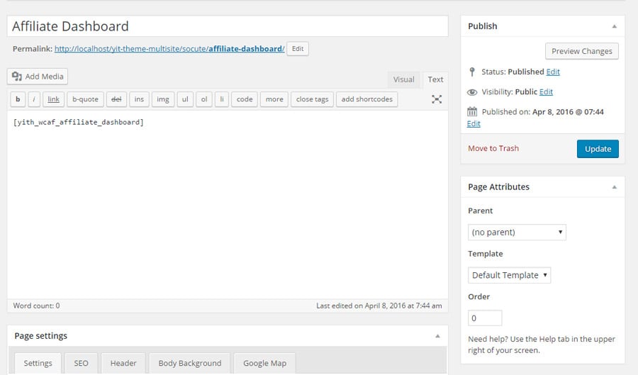 Affiliate dashboard - WordPress page
