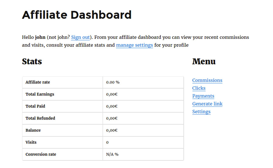Affiliate dashboard - WordPress page