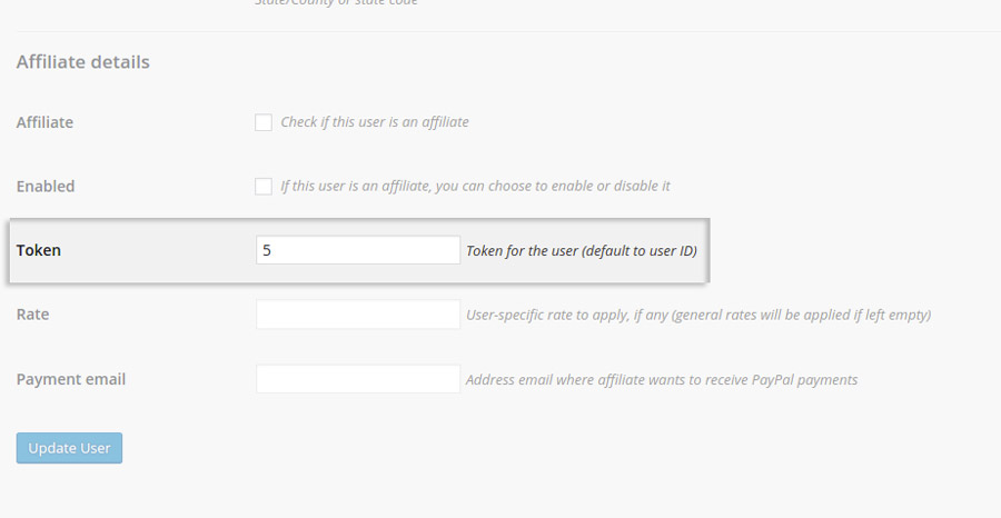 User profile - Affiliate details