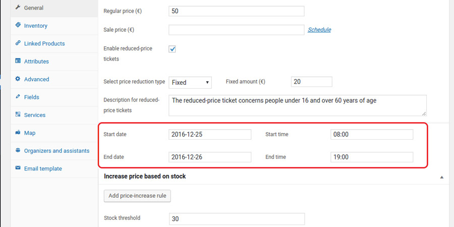 Set start date of event
