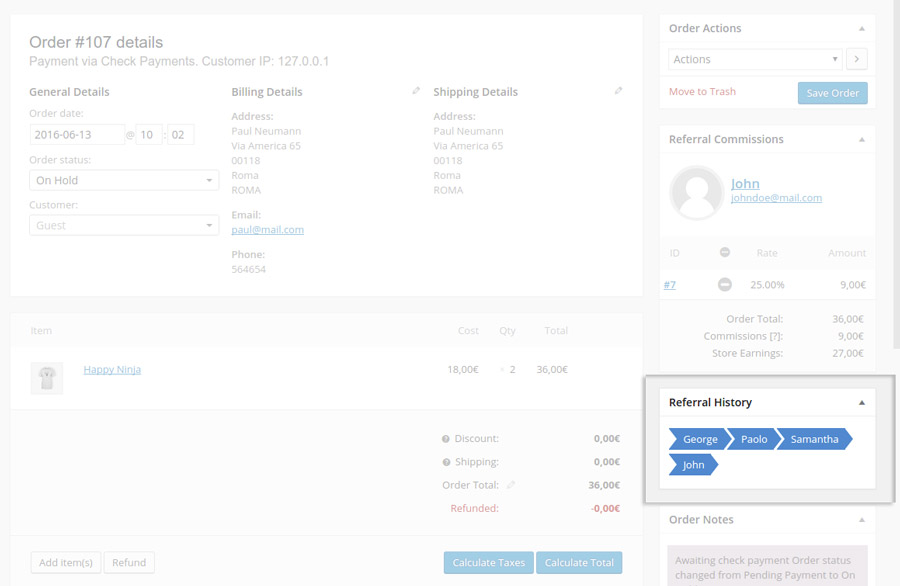 History storage - Edit order page