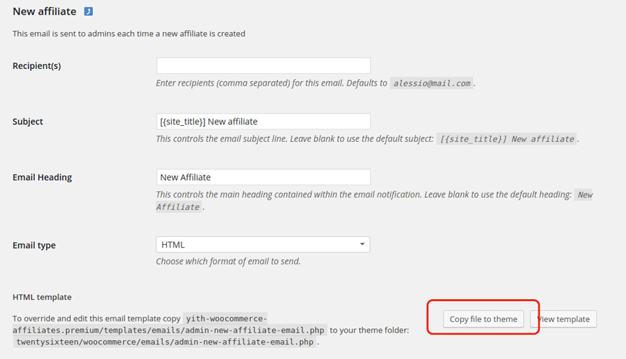 Ovveride email template