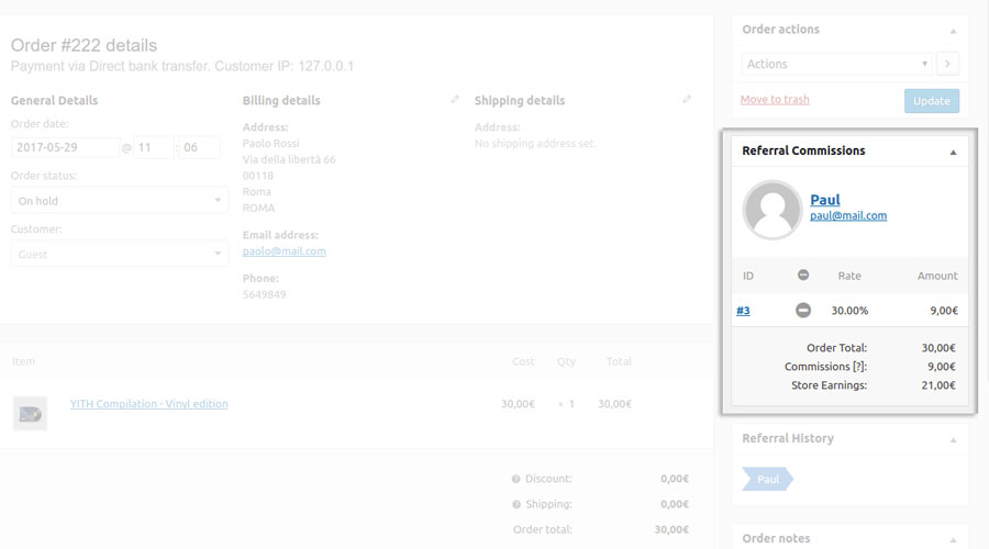 Referall in order detail page