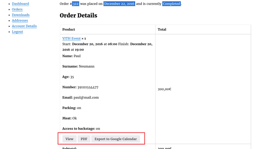 Order Details page
