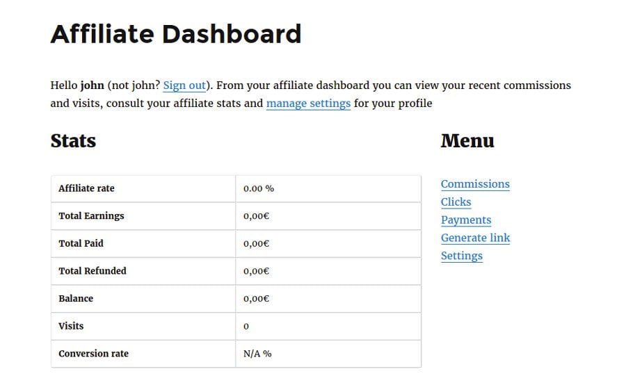 Affiliate dashboard - WordPress page