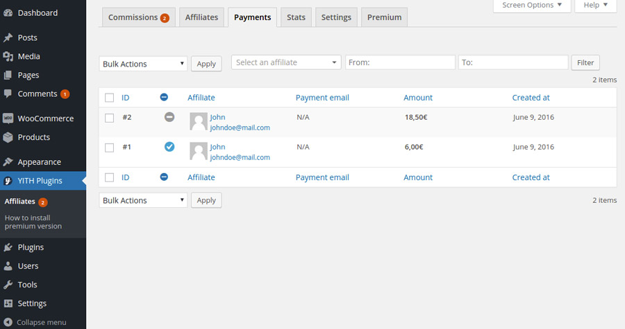 Payments - Admin view