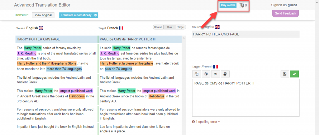 Buy Words button within Advanced Translation Editor