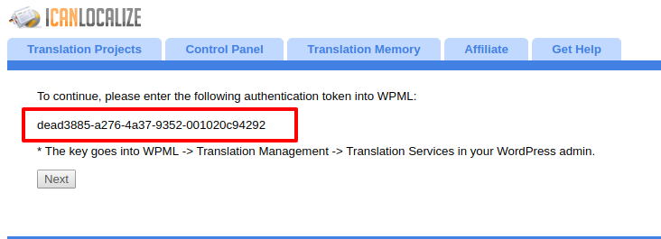 Receive the authentication key from the translation service