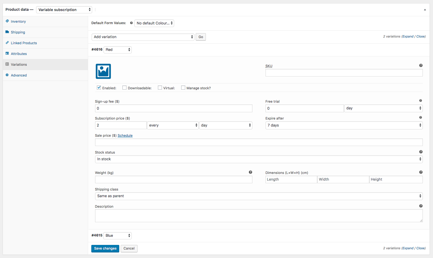 Variable Subscription Attributes Screenshot