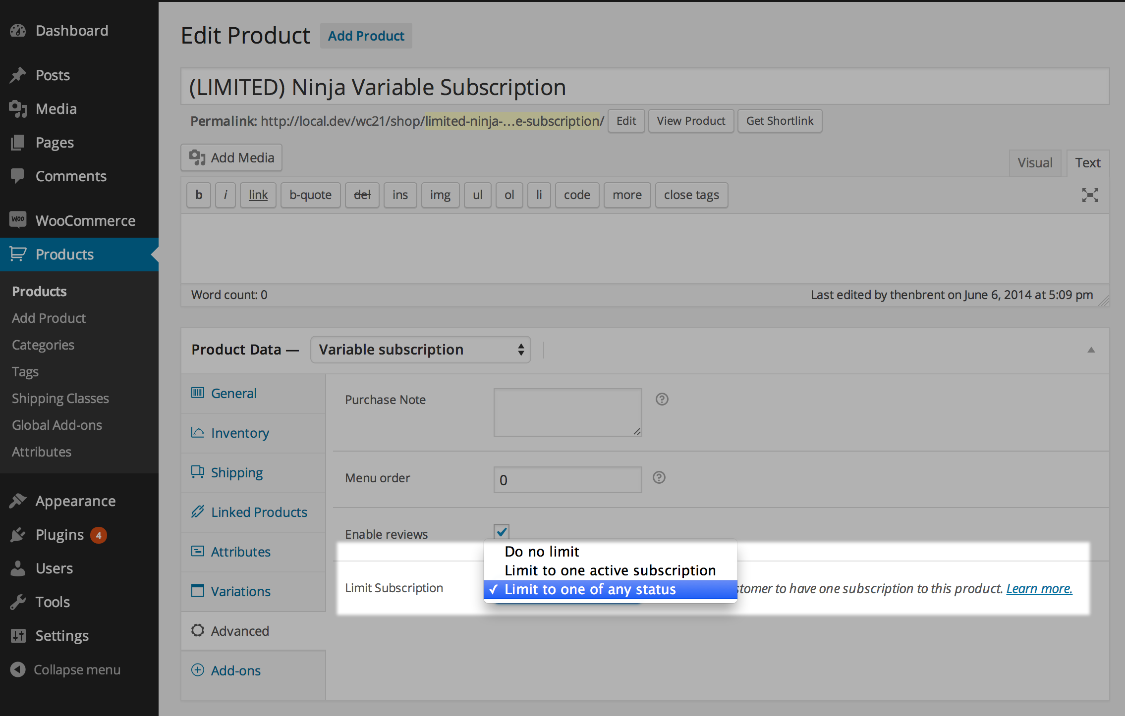 Limit Subscriptions Setting Screenshot