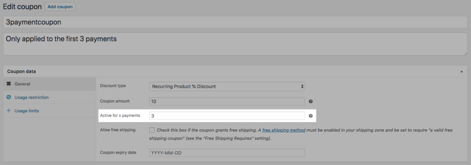 Limited Subscription Payment Coupon Setting