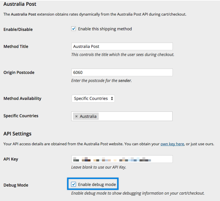 Enable Australia Post debug mode