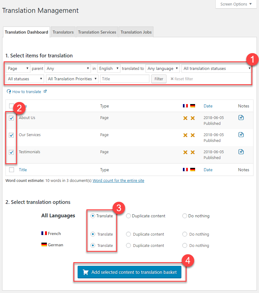 Sending pages for translation using the Translation Management Dashboard
