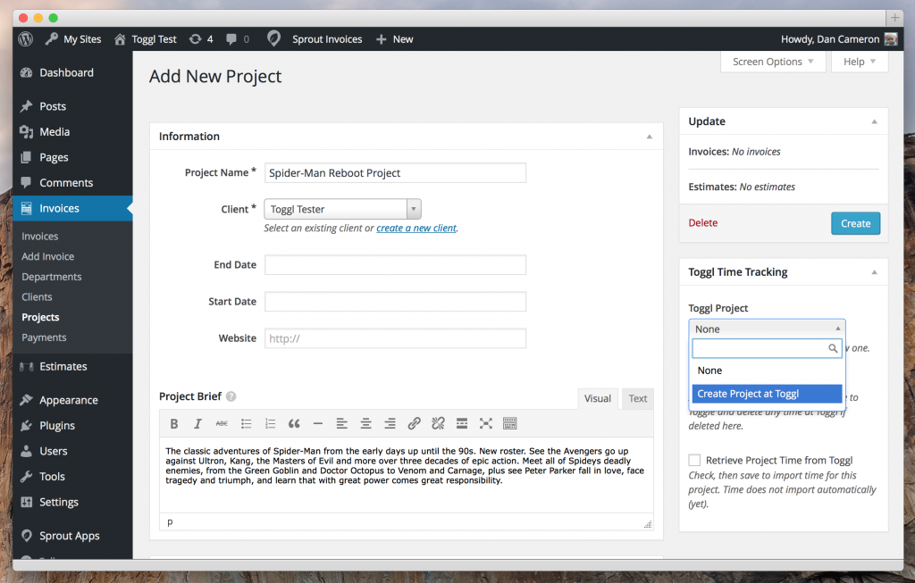 Create a project in Srout Invoices and Toggl