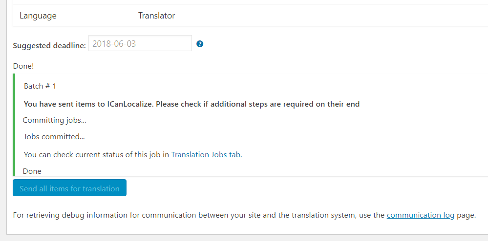 Translation Basket confirmation about sending contents for translation