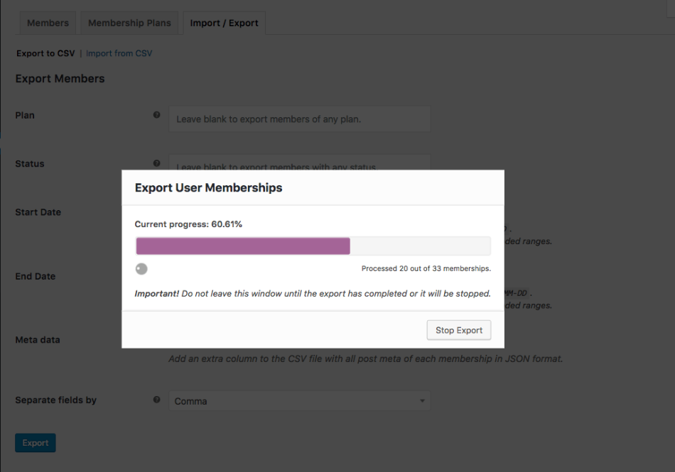 WooCommerce Memberships: export in progress
