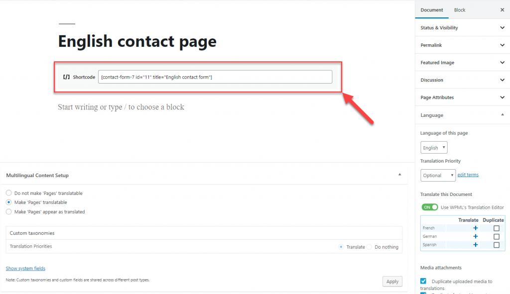 Pasting the form shortcode into a page