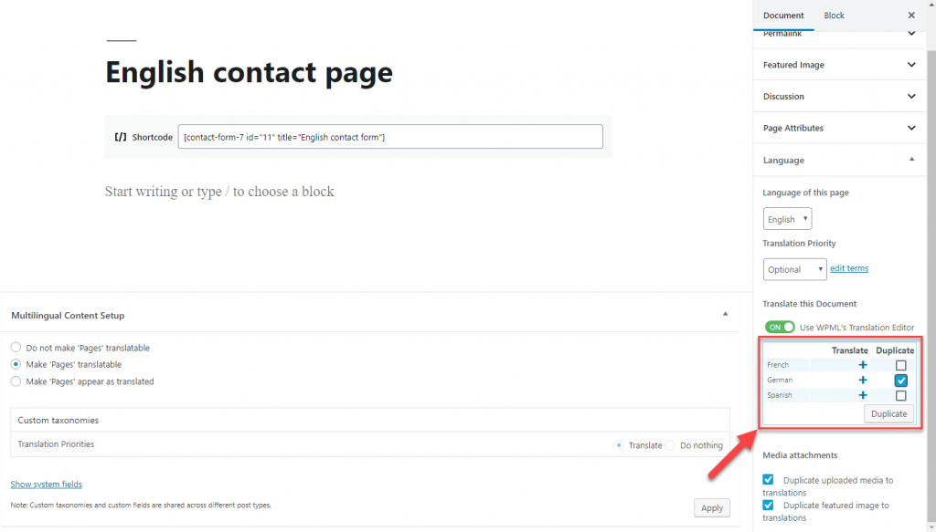 Using the Language box to translate or duplicate content